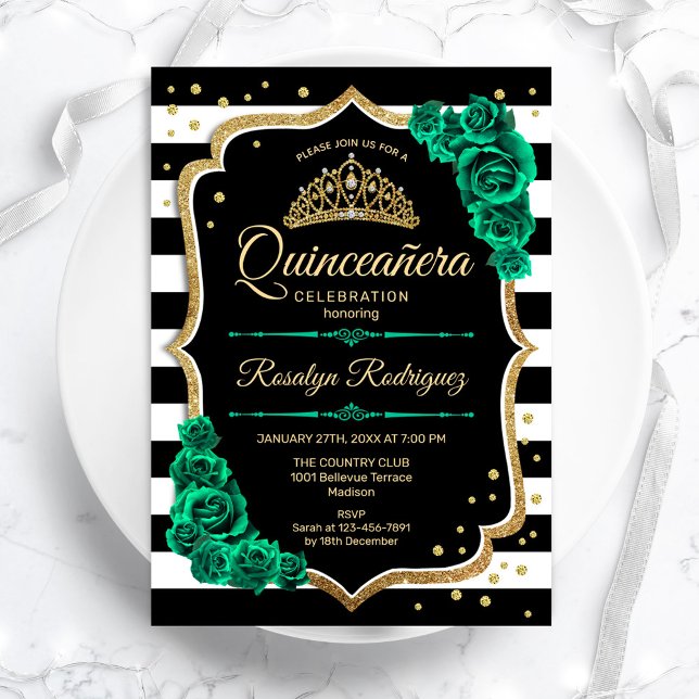 Invitación El oro verde esmeralda negro elegante Quinceanera (Subido por el creador)