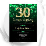 Invitación El oro verde esmeralda sorprende a los 30 años<br><div class="desc">Sorpresa 30.ª invitación a la fiesta de cumpleaños. Elegante diseño verde esmeralda y negro con falso oro purpurina. Cuenta con diamantes elegantes, luces de bokeh y fuente de guiones. Invitación de cumpleaños de hombres o mujeres. Perfecto para una elegante fiesta de cumpleaños. Personaliza con tus propios detalles. Mándame un mensaje...</div>