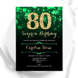 Invitación El oro verde esmeralda sorprende el 80 aniversario<br><div class="desc">Sorpresa 80.ª invitación a la fiesta de cumpleaños. Elegante diseño verde esmeralda y negro con falso oro purpurina. Cuenta con diamantes elegantes, luces de bokeh y fuente de guiones. Invitación de cumpleaños de hombres o mujeres. Perfecto para una elegante fiesta de cumpleaños. Personaliza con tus propios detalles. Mándame un mensaje...</div>