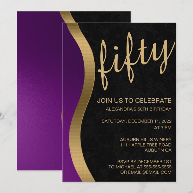 Invitación El oro y el morado estilizados 50 (Anverso / Reverso)