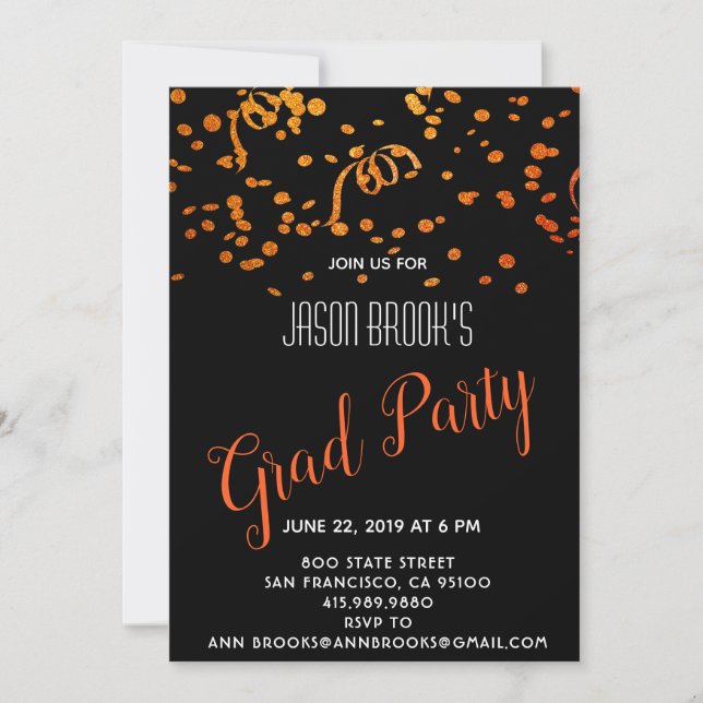 Invitación El Oro Y El Naranja Confetti Sobre La Graduación N (Anverso)