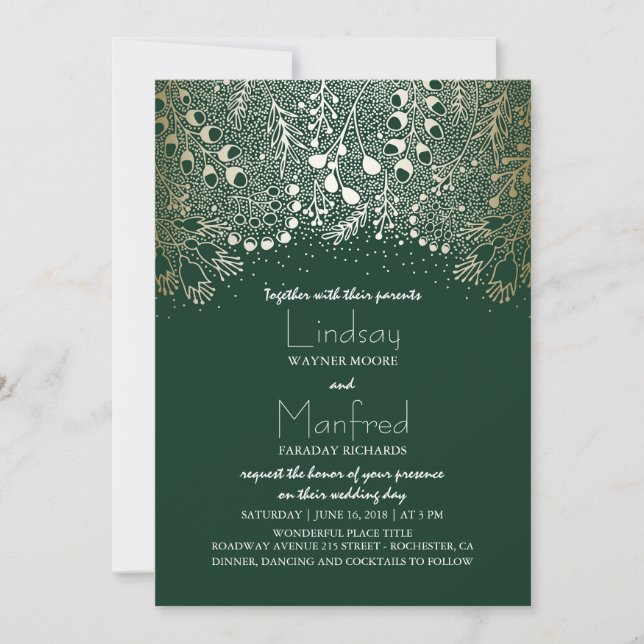 Invitación El oro y el verde esmeralda encantados Boda de Woo (Anverso)