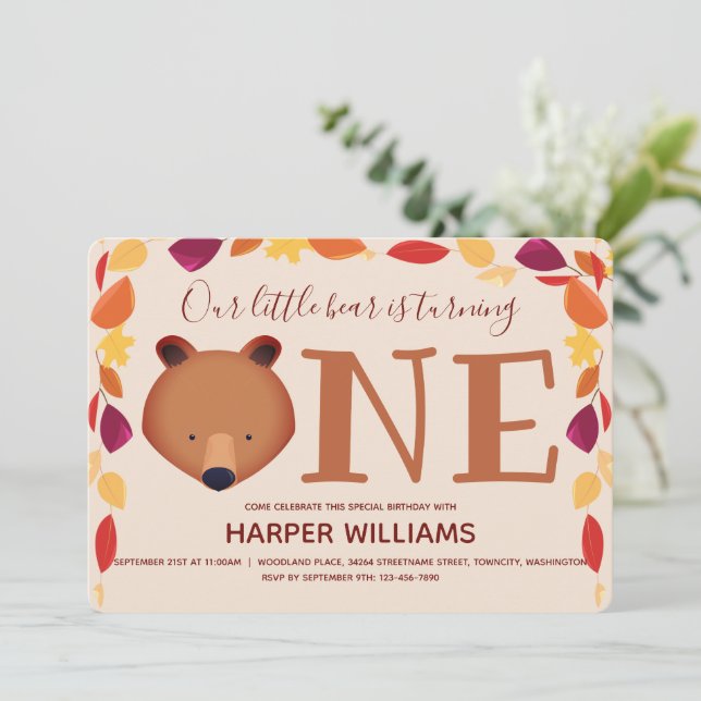 Invitación El Oso Convirtiendo Un Animal De Otoño Primer Cump (Anverso de pie)