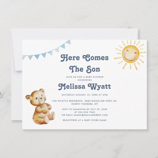 Invitación El Oso De Boho Aquí Viene El Baby Shower Del Niño (Anverso)