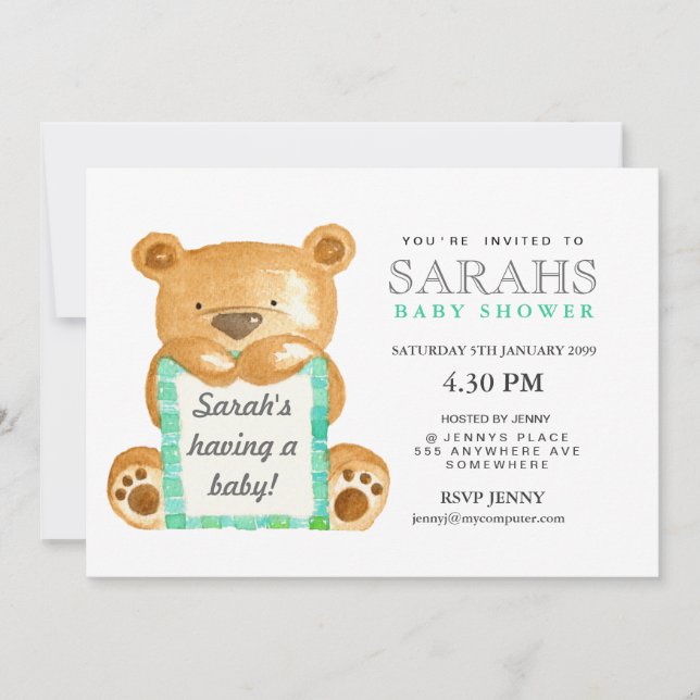 Invitación El oso de peluche de la acuarela Baby Shower (Anverso)