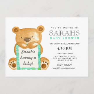 Invitación El oso de peluche de la acuarela Baby Shower