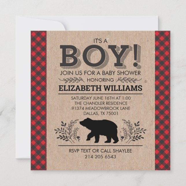 Invitación El oso del gato Flannel Rustic Boy Baby Shower Inv (Anverso)