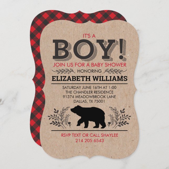 Invitación El oso del gato Flannel Rustic Boy Baby Shower Inv (Anverso / Reverso)