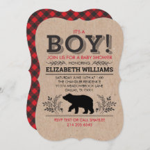 El oso del gato Flannel Rustic Boy Baby Shower Inv