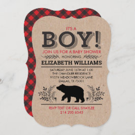 Invitación El oso del gato Flannel Rustic Boy Baby Shower Inv