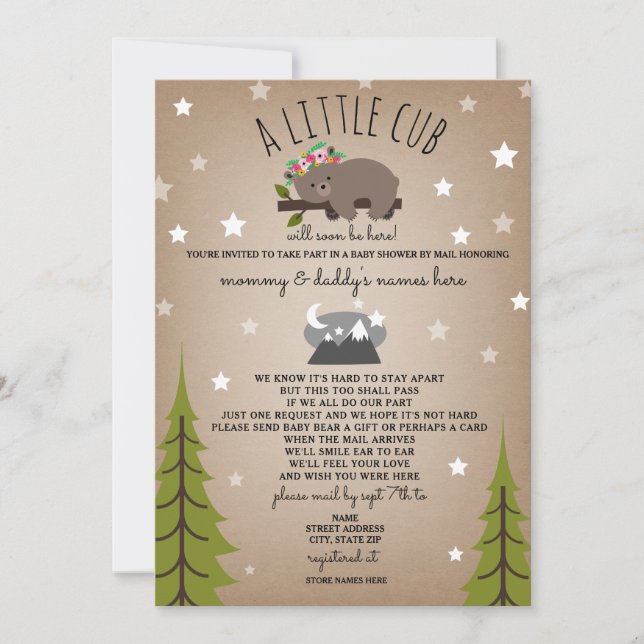 Invitación El oso floral del Baby Shower Mail Distanciado Soc (Anverso)