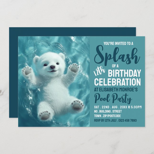 Invitación El Oso Polar Splashing, el Cumpleaños del Fiesta d (Anverso / Reverso)