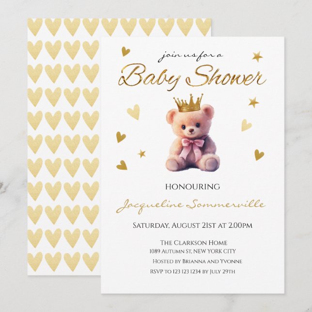 Invitación El Oso Rosa Crown Gold Crown Baby Shower Es un Chi (Anverso / Reverso)