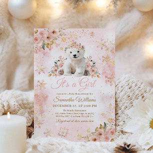 Invitación El oso rosa de invierno es un Baby Shower Chica
