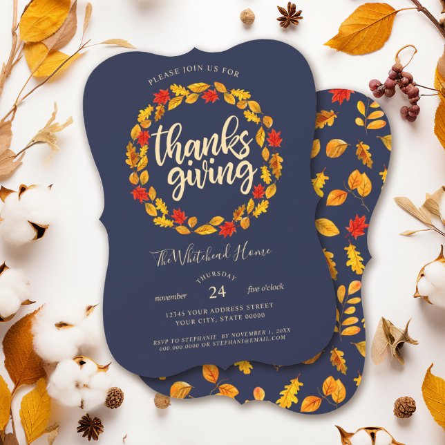 Invitación El otoño de la Marina de Acción de Gracias deja la (Red and golden yellow leaf wreath Thanksgiving invitation with a leaf pattern watercolor background.)