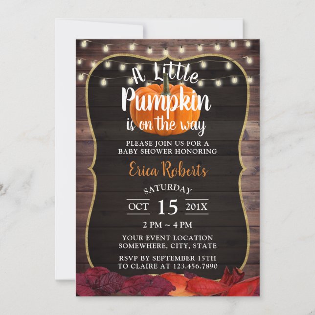 Invitación El otoño de la pequeña calabaza deja Baby Shower (Anverso)