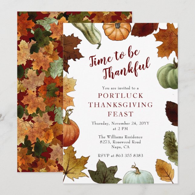 Invitación El otoño deja calabazas marco cena de Acción de Gr (Anverso / Reverso)