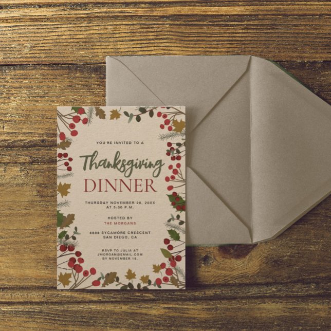 Invitación El otoño deja una cena Rustic Family de Acción de  (Thanksgiving dinner rustic invitation.)