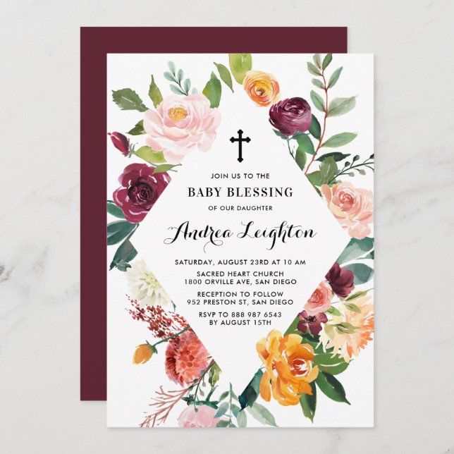 Invitación El otoño florece el marco floral bendición del beb (Anverso / Reverso)