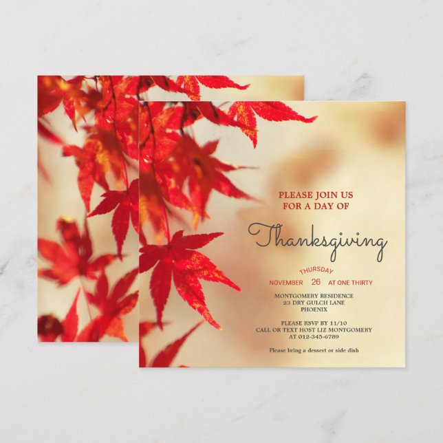 Invitación El otoño rojo de Acción de Gracias deja la plantil (Anverso / Reverso)