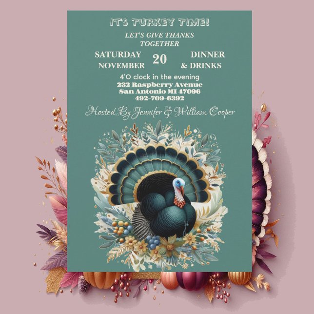 Invitación El otoño verde floral del Día de Acción de Gracias (Its Turkey Time Thanksgiving Floral Green Autumn Invitation)