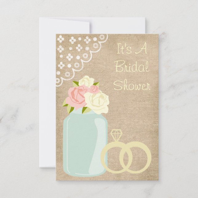 Invitación El país Rústico Burlap Lace Mason Jar Ducha Bridal (Anverso)