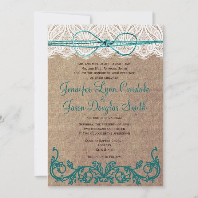 Invitación El país rústico invita a la boda Verde azulada mar (Anverso)