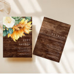 Invitación El País Sunflower Bouquet Madera Todo En Un Boda<br><div class="desc">Este buquet de girasol rústico, todo en una sola invitación a la boda, es perfecto para su sencillo y clásico boda de granero de boho verano. El diseño incluye un ramo de acuarela de color amarillo dorado y girasoles naranjas rústicos, un elegante ambiente moderno y verde eucalipto y un rosa...</div>