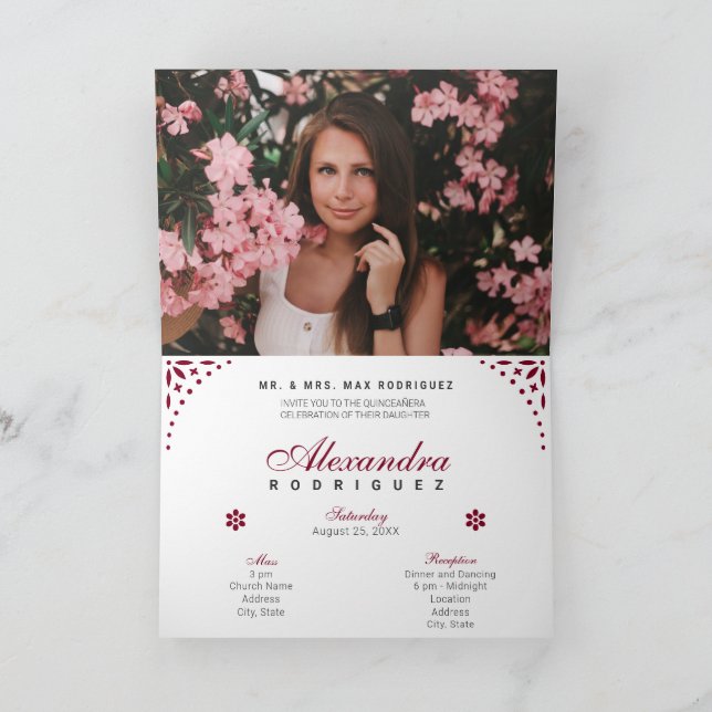 Invitación El papel de Borgoña picado mis cinco años (Interior)