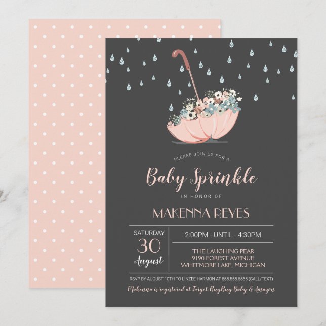 Invitación El paraguas con el chica de flores o el bebé de (Anverso / Reverso)
