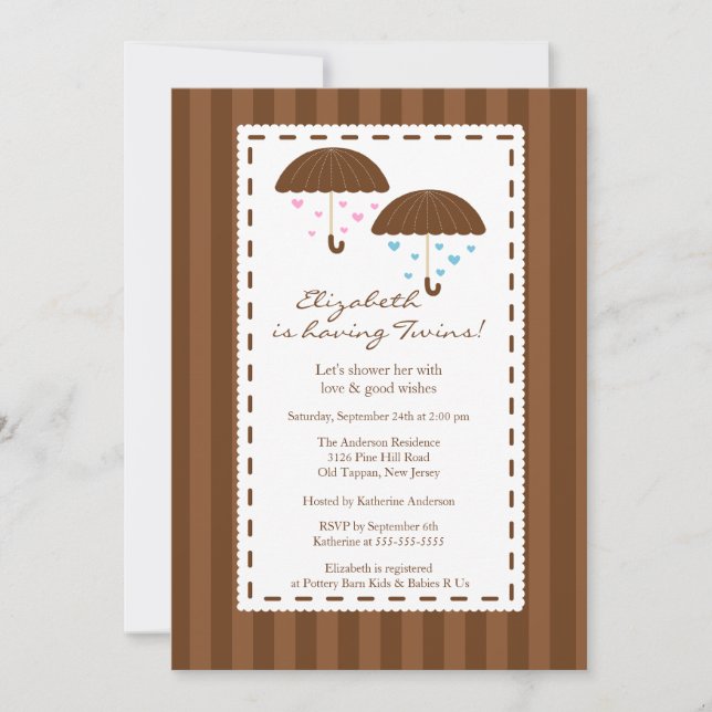 Invitación El paraguas marrón gemela Baby Shower (Anverso)
