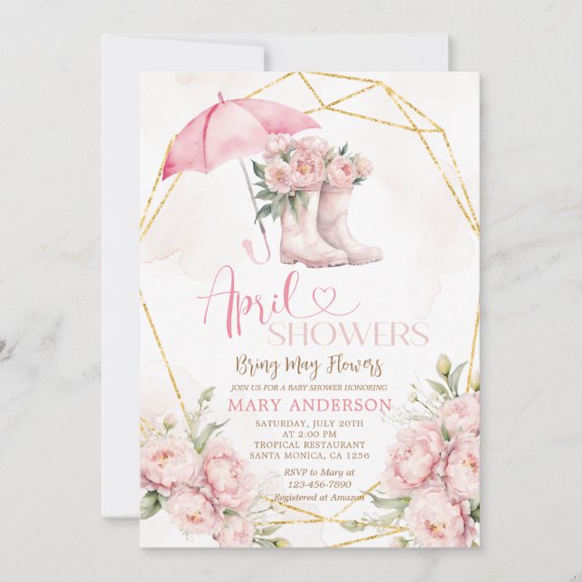 Invitación El paraguas rosado de las rosas bota las duchas de (Anverso)