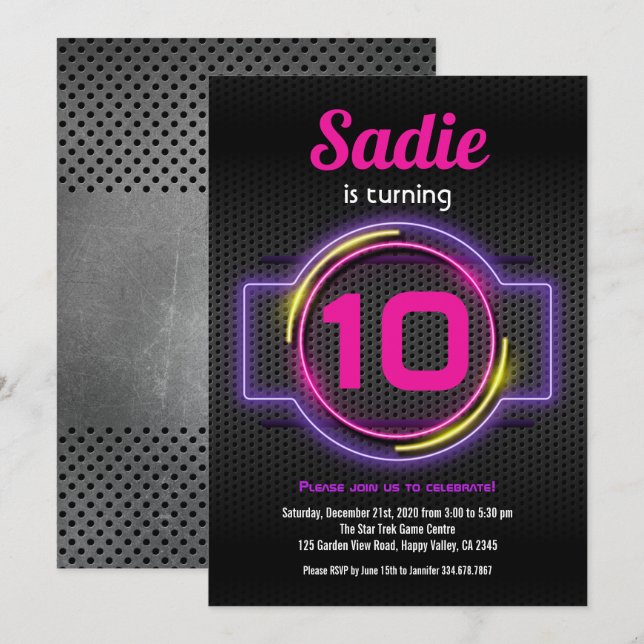 Invitación El Partido De Cumpleaños Del Chica Neon Pink Brill (Anverso / Reverso)