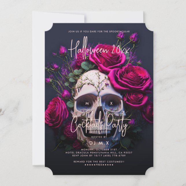Invitación El Partido Gótico Adulto Halloween Skull Roses Roj (Anverso)