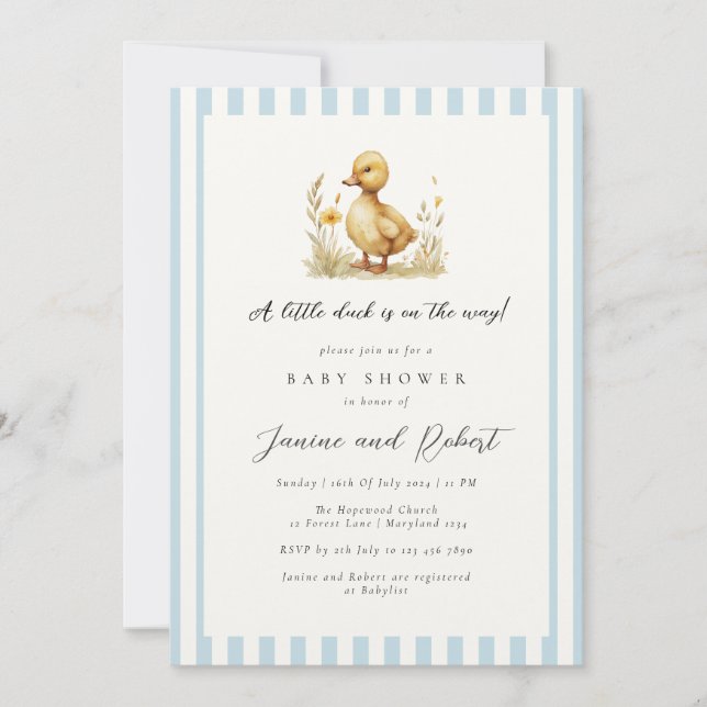 Invitación El pato azul Pastel está en camino a Baby Shower (Anverso)