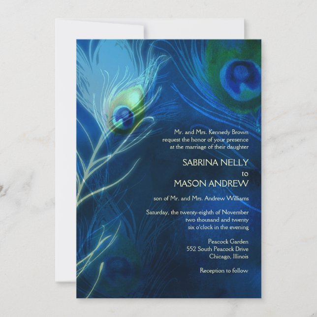 Invitación El pavo real azul profundo engendra al Boda modern (Anverso)