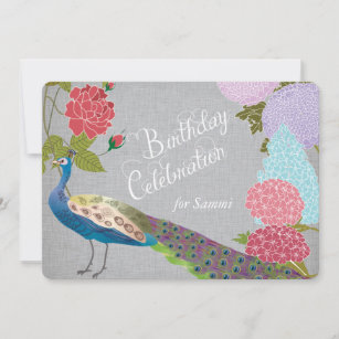 Invitación El pavo real floral en cumpleaños de lino gris