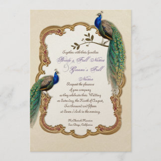 Invitación El pavo real y la caligrafía dorados invitan