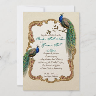 Invitación El pavo real y la caligrafía dorados invitan