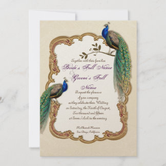 Invitación El pavo real y la caligrafía dorados invitan