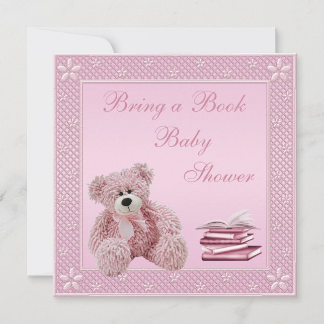 Invitación El peluche rosado trae un Baby Shower libro (Anverso)