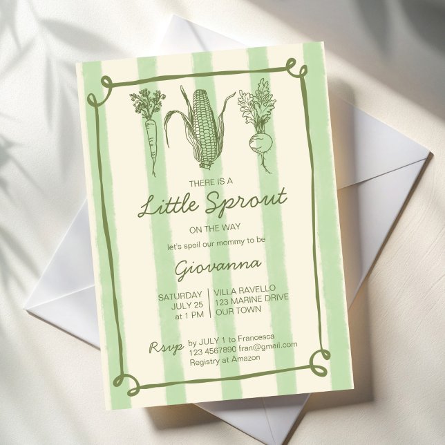 Invitación El pequeño brote está en camino de despojarse de B (Little sprout is on the way farmers marked stripped vintage Baby Shower Invitation cards template)