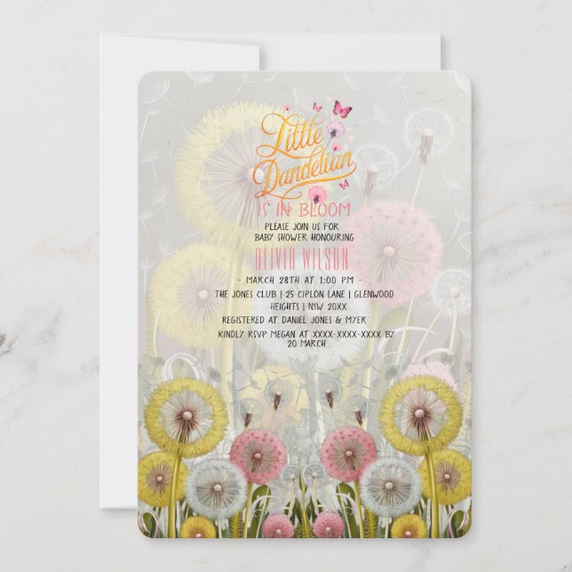 Invitación El pequeño dandelia está en la ducha de bebé en fl (Anverso)