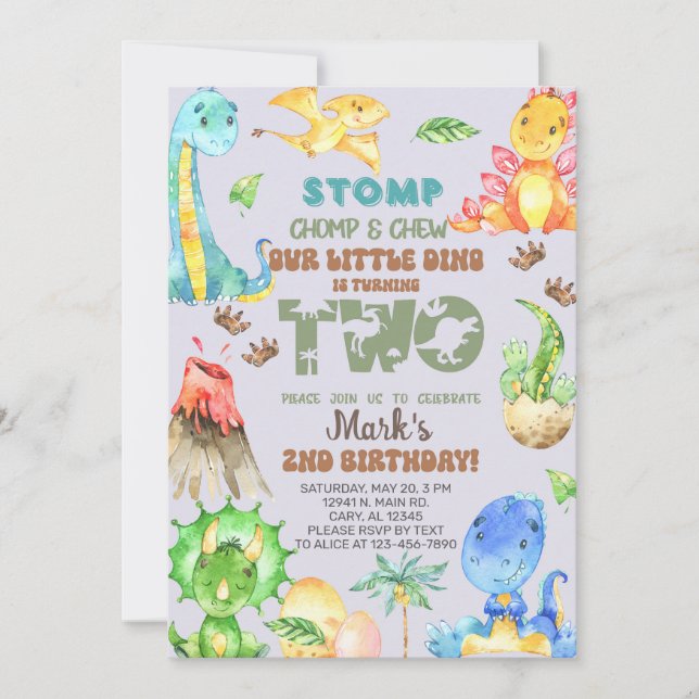 Invitación El pequeño dino cumple dos años. (Anverso)