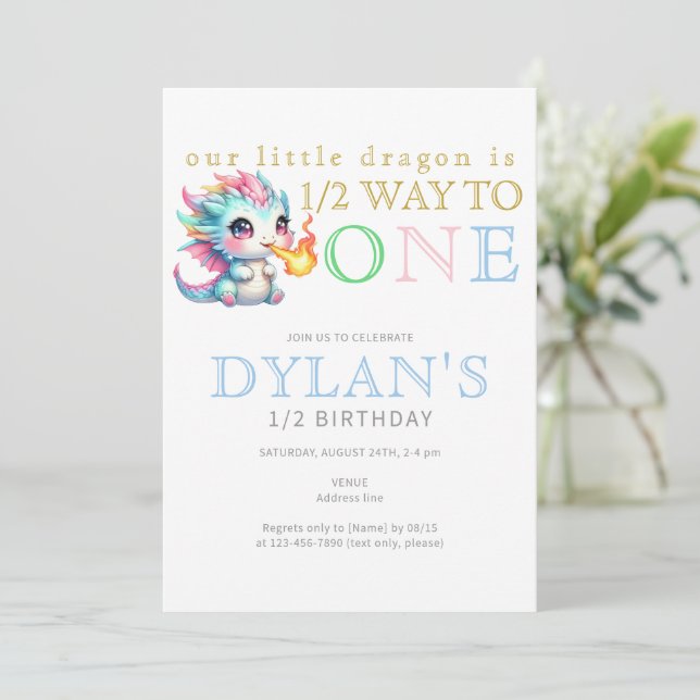 Invitación El pequeño dragón azul a medio camino de un cumple (Anverso de pie)