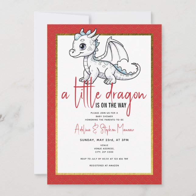 Invitación El Pequeño Dragón De Cute Está En Camino Del Baby  (Anverso)