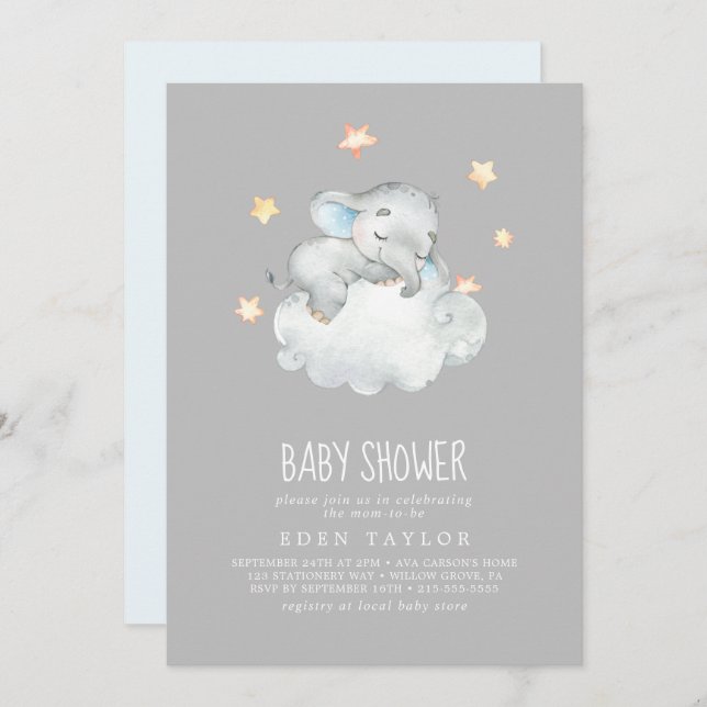 Invitación El pequeño elefante que duerme | Baby Shower gris (Anverso / Reverso)