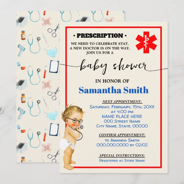 Invitación El pequeño Médico está en camino a la Baby Shower  (Anverso / Reverso)