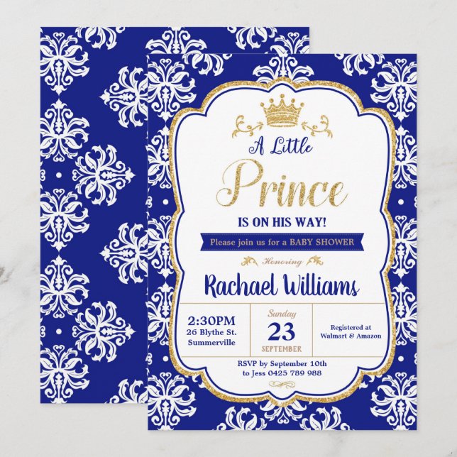 Invitación El pequeño príncipe Baby Shower Royal Blue Damask  (Anverso / Reverso)