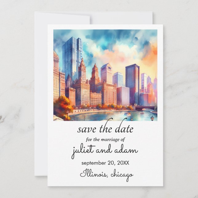 Invitación el perfil del boda de chicago azul ahorra la fecha (Anverso)